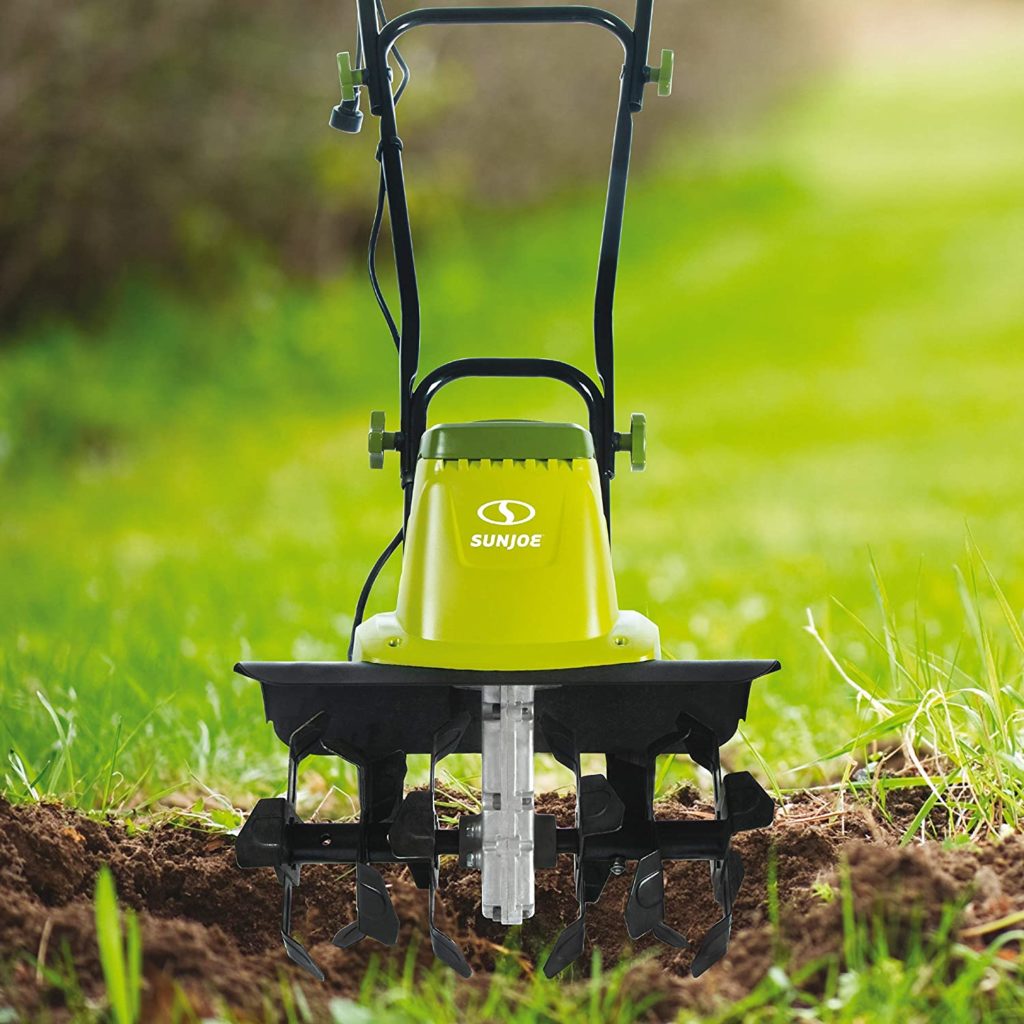 best rototiller for large garden Sun Joe tiller image